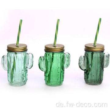 Glas Cactus Mason Jar mit Deckel und Stroh